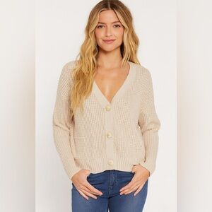 Jessica Simpson Waffle Knit V Neck Cardigan Sweater Neutral Tan sz Small